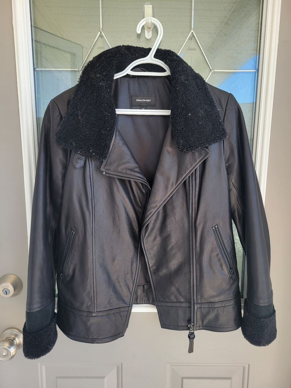 Mackage Black Leather Moto Jacket with Shearling Trim